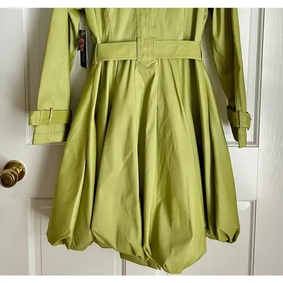 NWT Samual Dong Light Green Bubble Skirt Tie Belt Trench Coat Dress Size Large - Picture 7 of 8